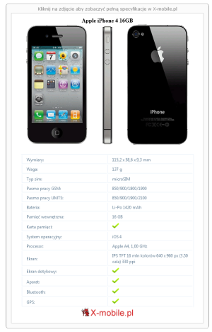 Skrócony specyfikacja Apple iPhone 4 16GB