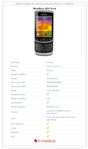 Skrócony specyfikacja BlackBerry 9810 Torch