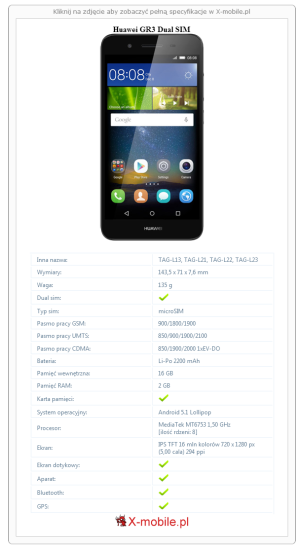 Skrócony specyfikacja Huawei GR3 Dual SIM