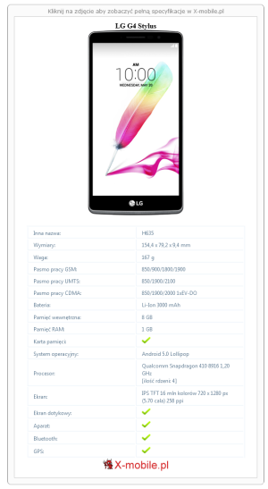 Skrócony specyfikacja LG G4 Stylus