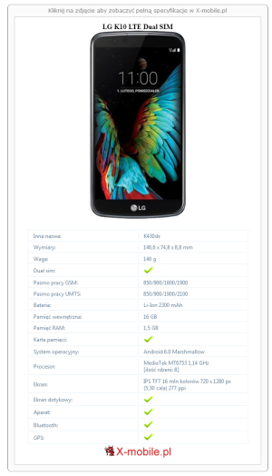 Skrócony specyfikacja LG K10 LTE Dual SIM