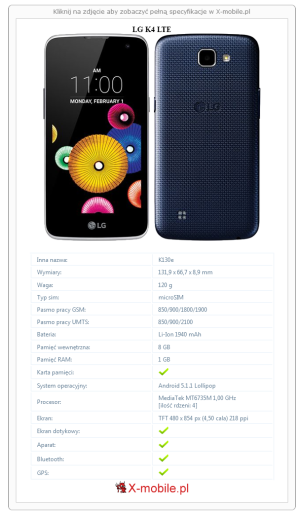 Skrócony specyfikacja LG K4 LTE