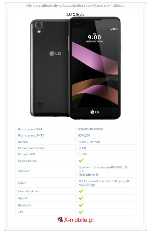 Skrócony specyfikacja LG X Style