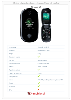Skrócony specyfikacja Motorola U9