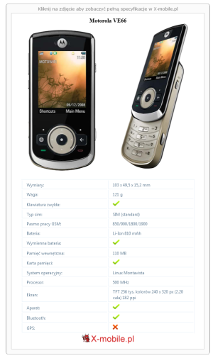 Skrócony specyfikacja Motorola VE66