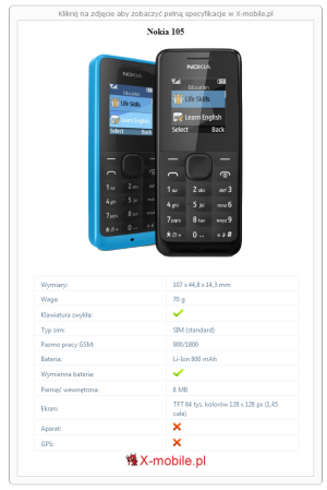 Skrócony specyfikacja Nokia 105