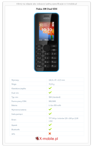 Skrócony specyfikacja Nokia 108 Dual SIM