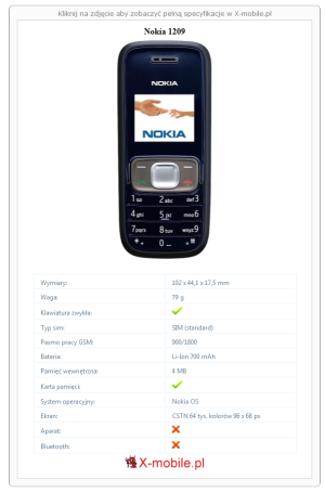 Skrócony specyfikacja Nokia 1209