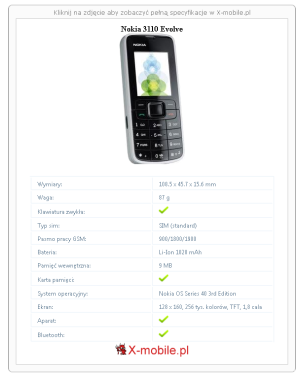 Skrócony specyfikacja Nokia 3110 Evolve