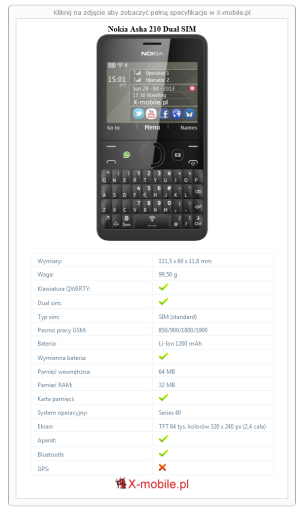 Skrócony specyfikacja Nokia Asha 210 Dual SIM