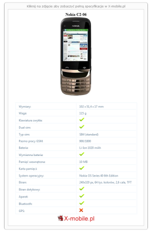 Skrócony specyfikacja Nokia C2-06