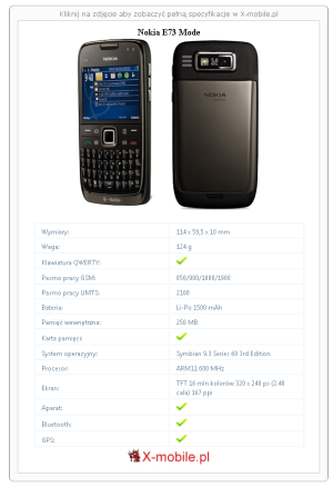 Skrócony specyfikacja Nokia E73 Mode