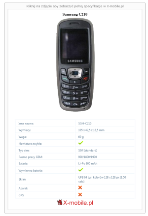 Skrócony specyfikacja Samsung C210