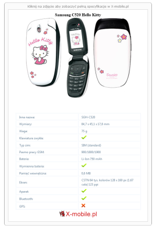 Skrócony specyfikacja Samsung C520 Hello Kitty