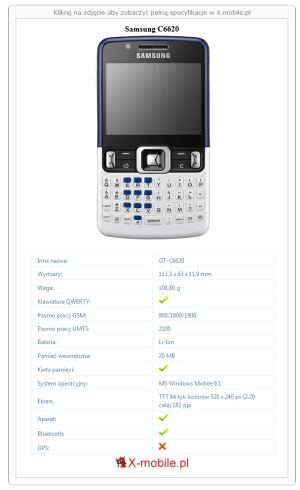 Skrócony specyfikacja Samsung C6620