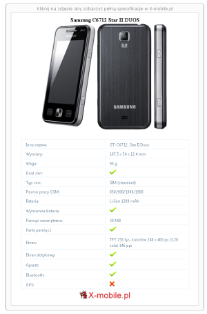 Skrócony specyfikacja Samsung C6712 Star II DUOS