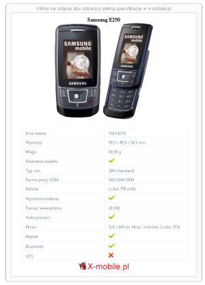 Skrócony specyfikacja Samsung E250