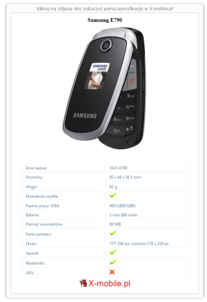 Skrócony specyfikacja Samsung E790