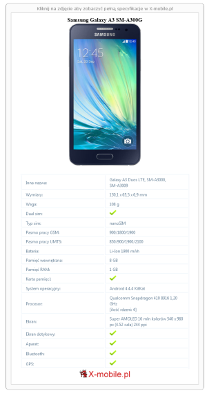 Skrócony specyfikacja Samsung Galaxy A3 SM-A300G