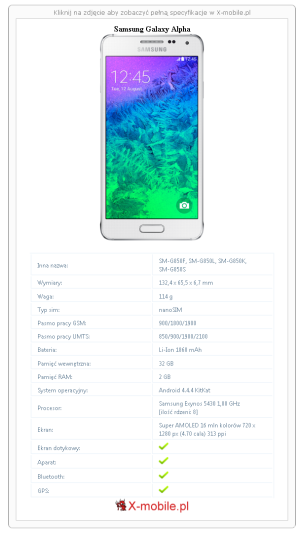 Skrócony specyfikacja Samsung Galaxy Alpha