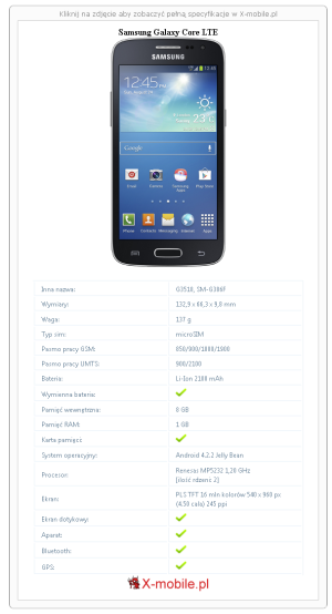 Skrócony specyfikacja Samsung Galaxy Core LTE
