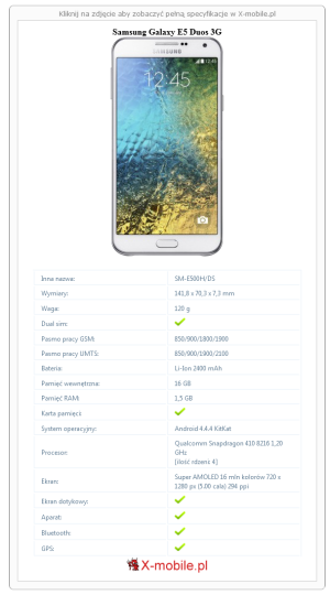 Skrócony specyfikacja Samsung Galaxy E5 Duos 3G