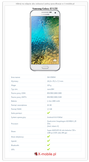 Skrócony specyfikacja Samsung Galaxy E5 LTE