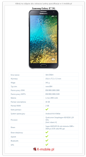 Skrócony specyfikacja Samsung Galaxy E7 3G