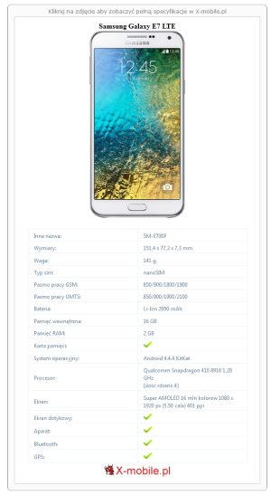 Skrócony specyfikacja Samsung Galaxy E7 LTE