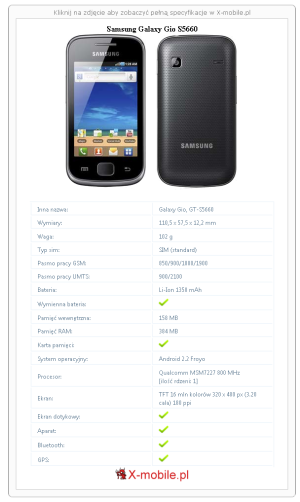 Skrócony specyfikacja Samsung Galaxy Gio S5660