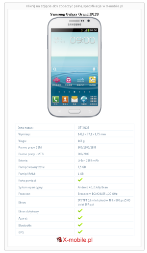 Skrócony specyfikacja Samsung Galaxy Grand I9128