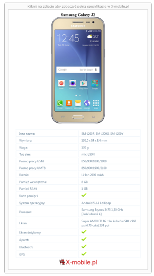 Skrócony specyfikacja Samsung Galaxy J2