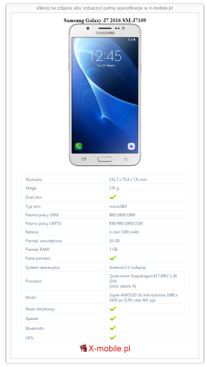 Skrócony specyfikacja Samsung Galaxy J7 2016 SM-J7109