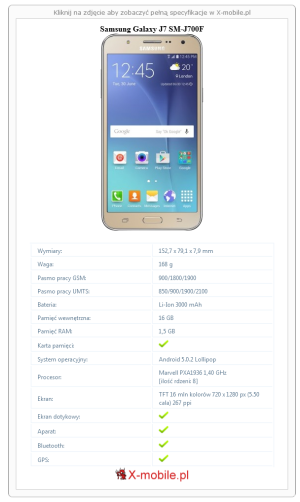 Skrócony specyfikacja Samsung Galaxy J7 SM-J700F