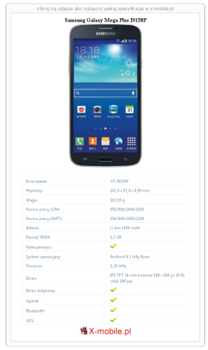 Skrócony specyfikacja Samsung Galaxy Mega Plus I9158P