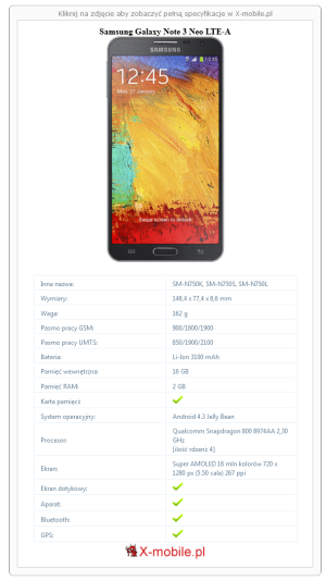 Skrócony specyfikacja Samsung Galaxy Note 3 Neo LTE-A