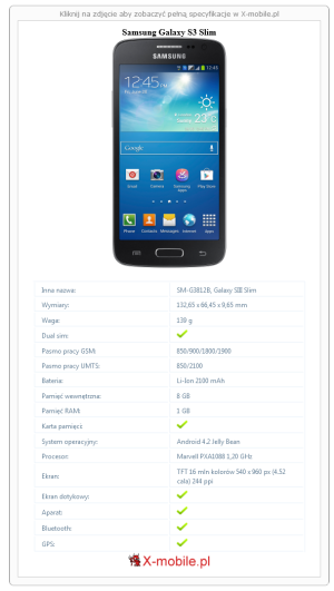 Skrócony specyfikacja Samsung Galaxy S3 Slim