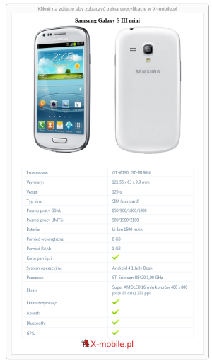 Skrócony specyfikacja Samsung Galaxy S III mini