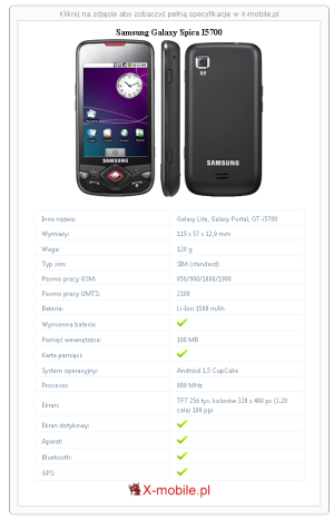 Skrócony specyfikacja Samsung Galaxy Spica I5700