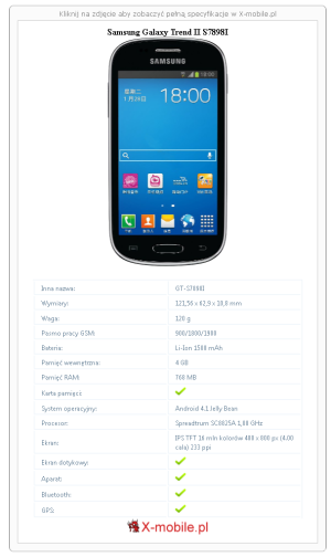 Skrócony specyfikacja Samsung Galaxy Trend II S7898I