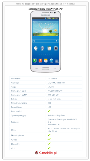 Skrócony specyfikacja Samsung Galaxy Win Pro G3819D