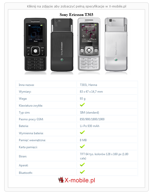 Skrócony specyfikacja Sony Ericsson T303