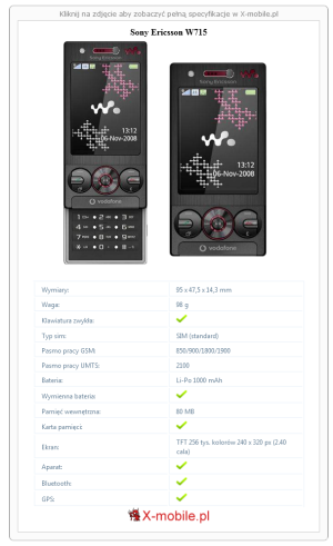 Skrócony specyfikacja Sony Ericsson W715