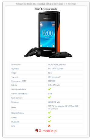 Skrócony specyfikacja Sony Ericsson Yendo