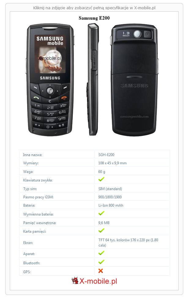 Skrócony specyfikacja Samsung E200